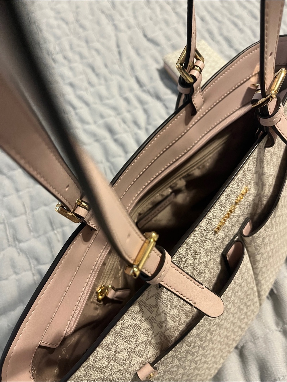 Michael Kors Beige Pale Pink MK Logo Tote - Picture 3 of 5